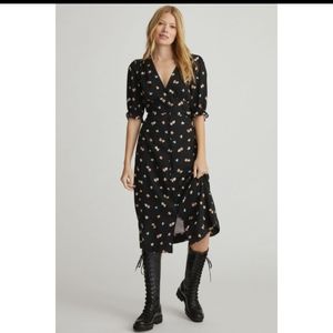 Anthropologie Black Floral Puff Sleeve Midi Dress.